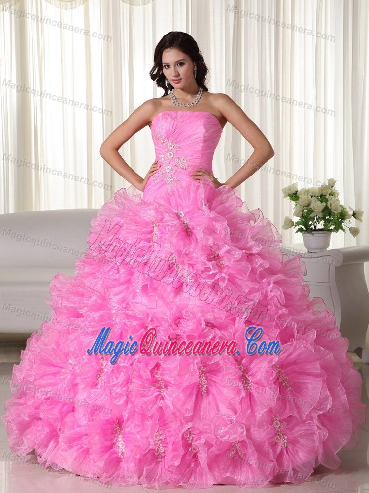 Plus Size Strapless Rolling Flowers Rose Pink Quinceanera Gown