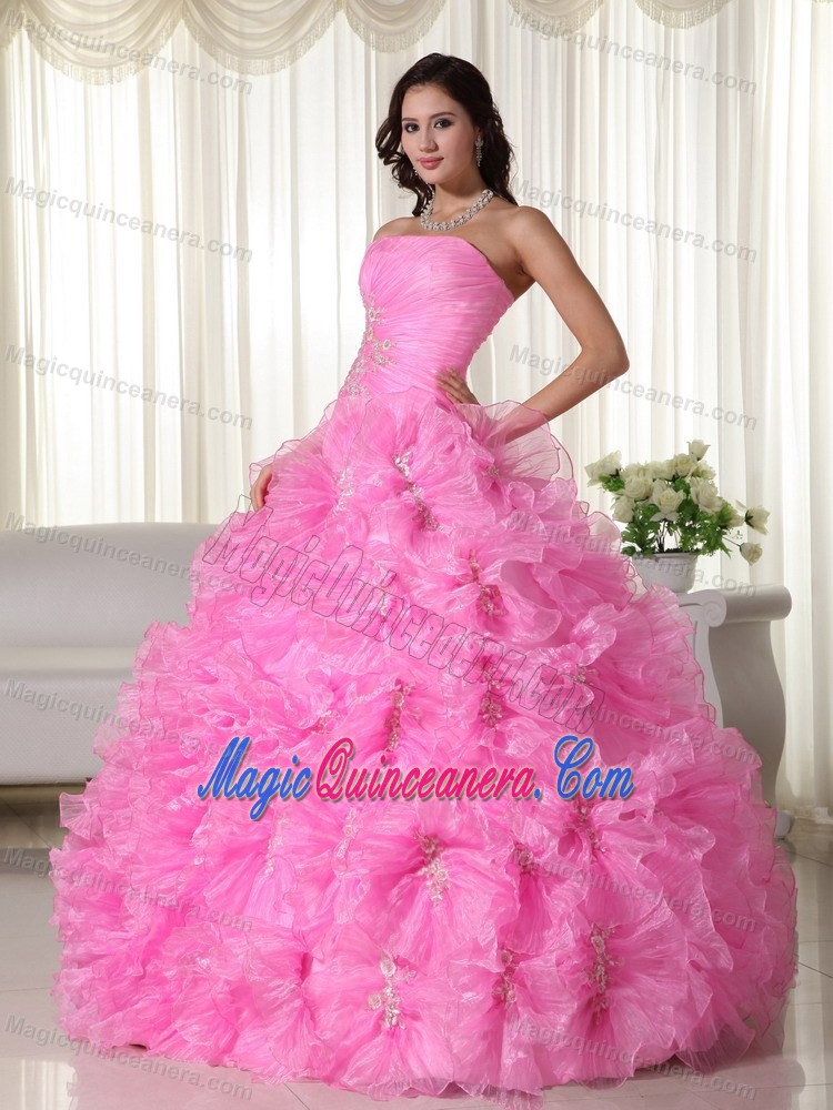 Plus Size Strapless Rolling Flowers Rose Pink Quinceanera Gown