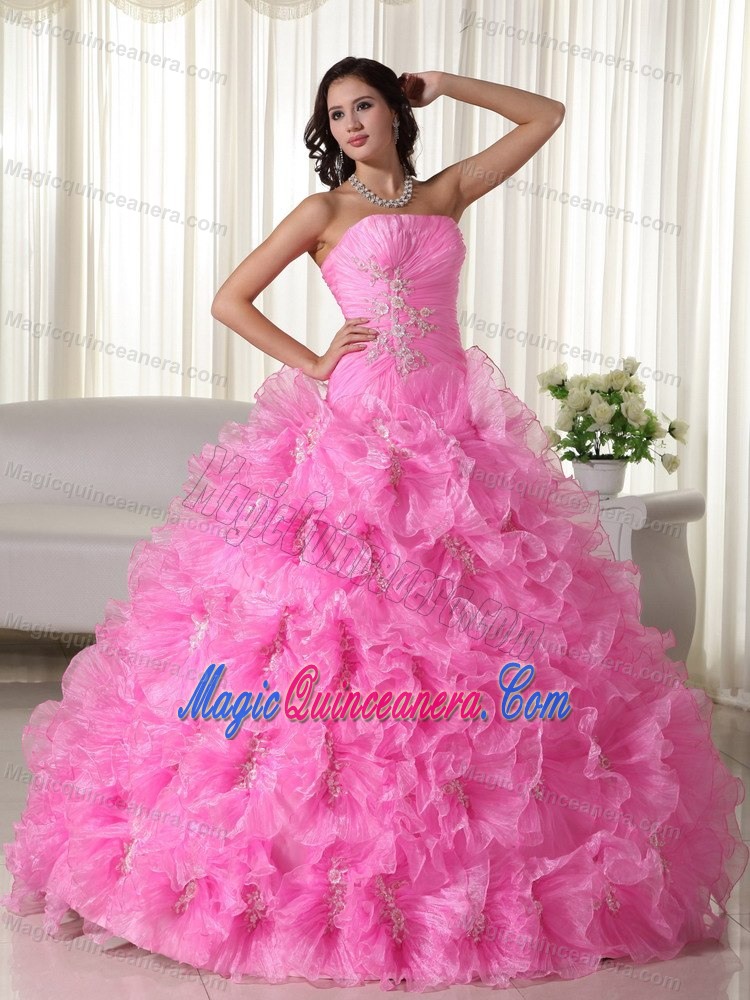 Plus Size Strapless Rolling Flowers Rose Pink Quinceanera Gown