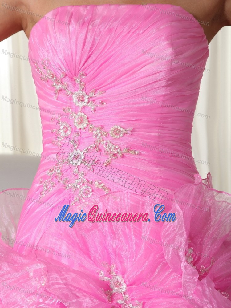 Plus Size Strapless Rolling Flowers Rose Pink Quinceanera Gown