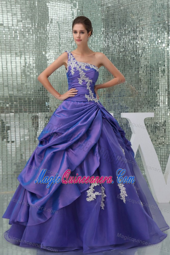 Purple one Shoulder Appliqued Dress for Sweet 15 Floor-length