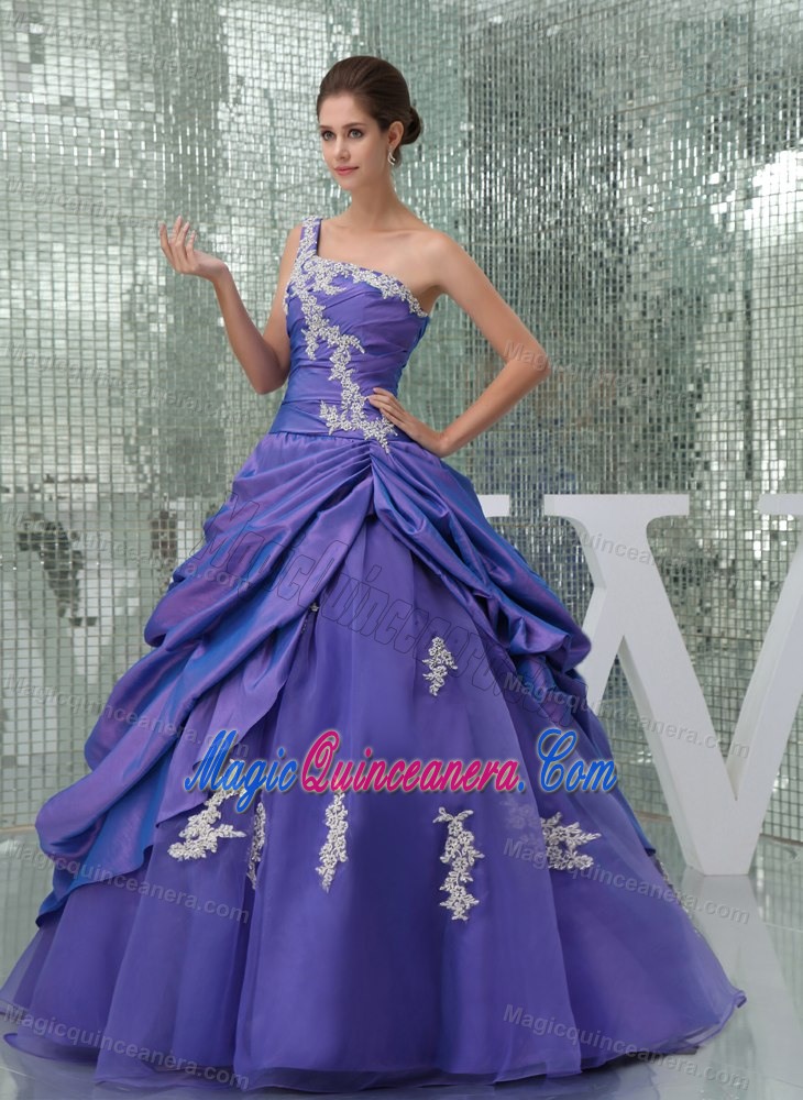 Purple one Shoulder Appliqued Dress for Sweet 15 Floor-length