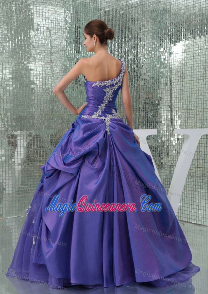Purple one Shoulder Appliqued Dress for Sweet 15 Floor-length