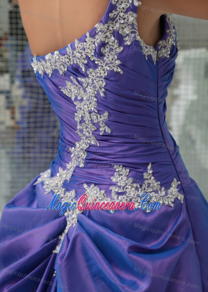 Purple one Shoulder Appliqued Dress for Sweet 15 Floor-length