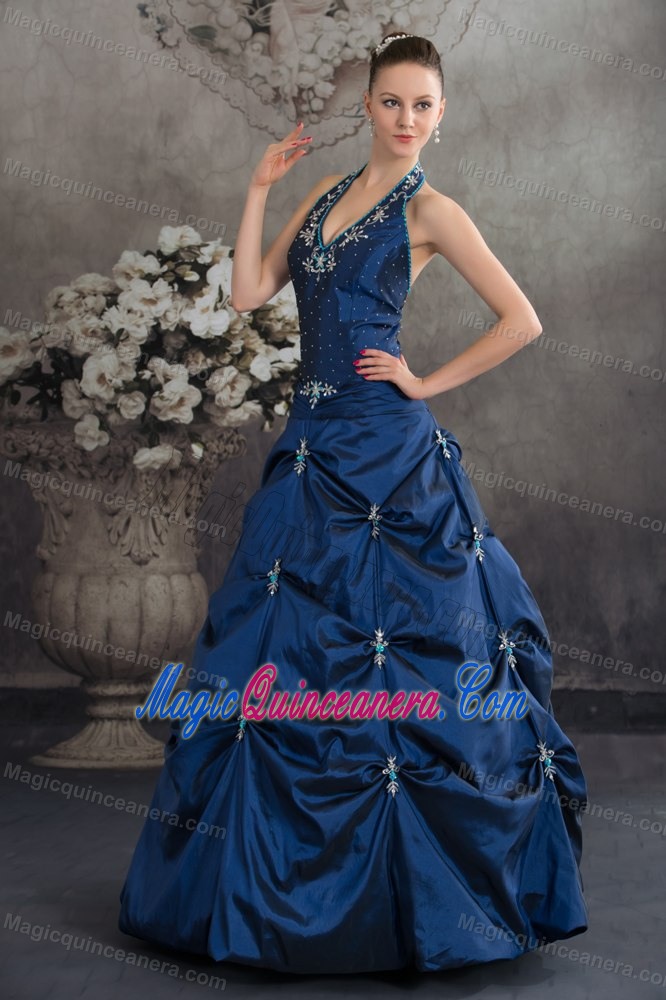 Halter Top Navy Blue Beaded Appliqued Quinceanera Dresses