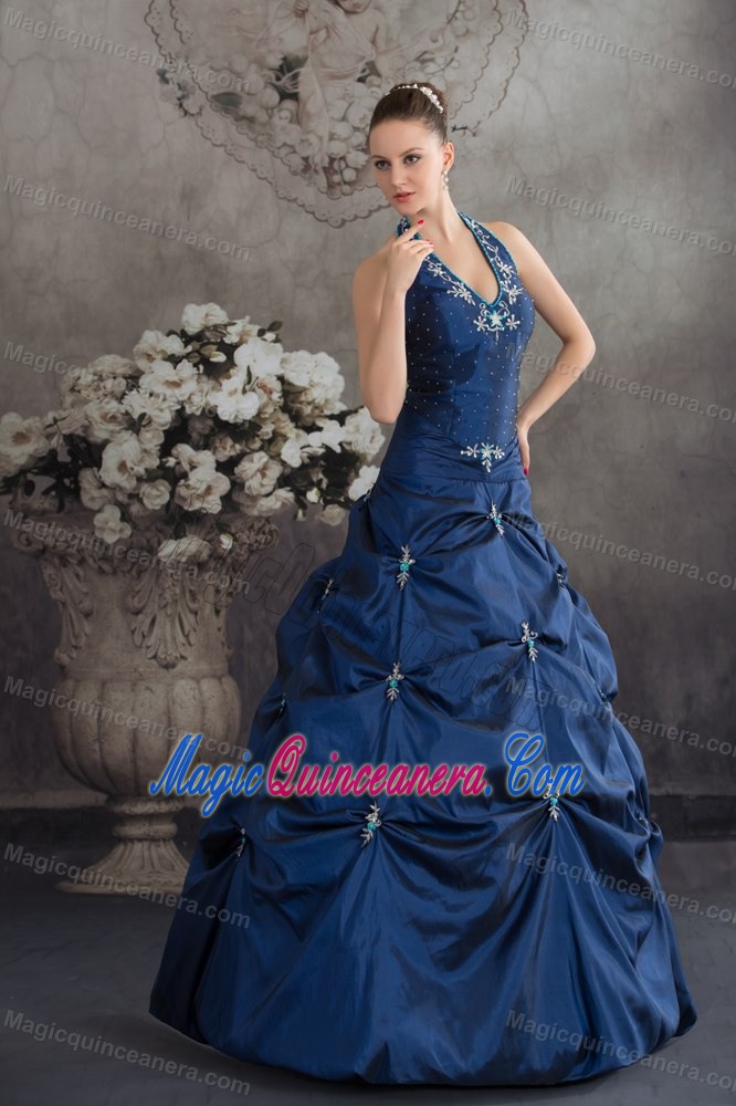 Halter Top Navy Blue Beaded Appliqued Quinceanera Dresses