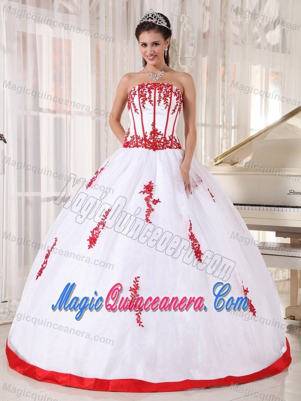 White Beaded Quinceanera Dresses with Red Appliques in Bristol