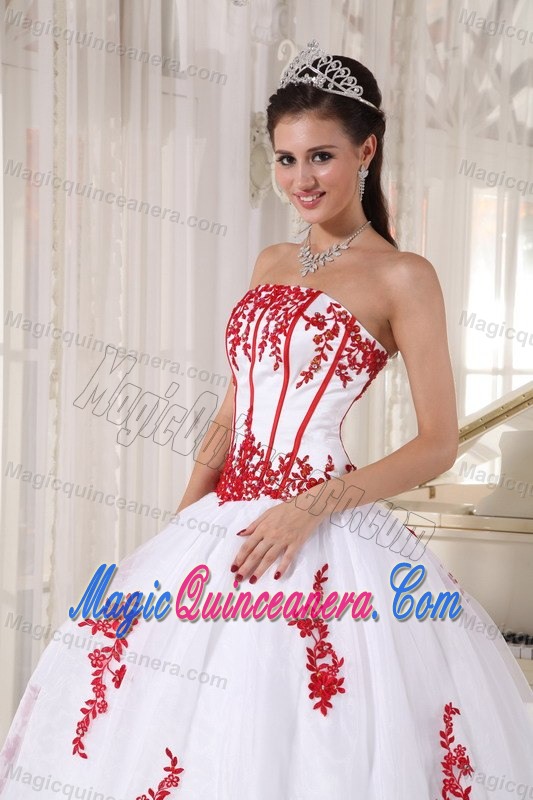 White Beaded Quinceanera Dresses with Red Appliques in Bristol