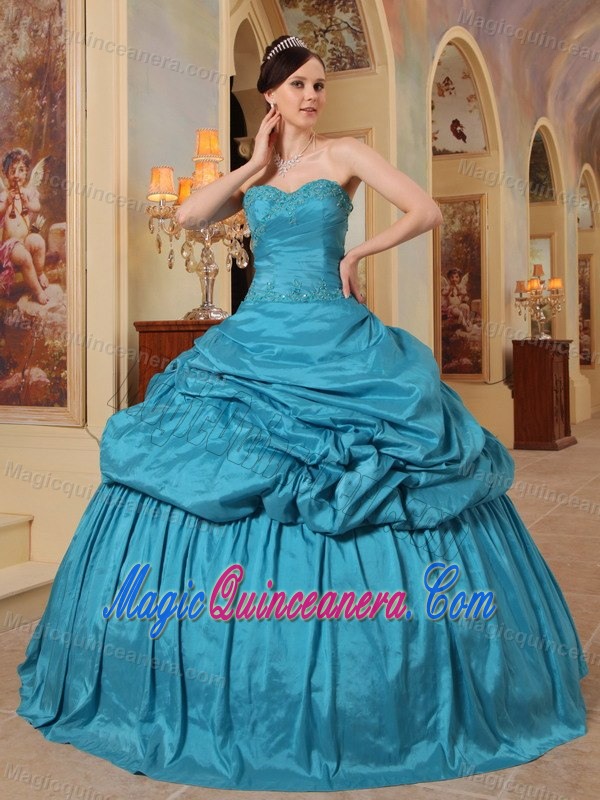 Teal Blue Beaded Taffeta Quinceanera Gown with Pick Ups in Bath