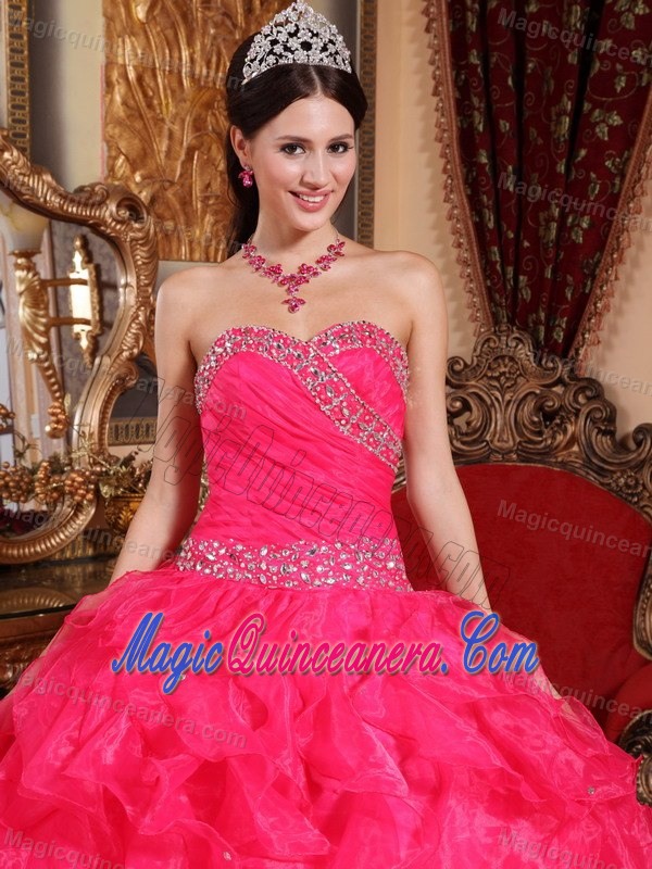 Coral Red Sweetheart Beaded Ruffled Organza Quince Dresses in Newry