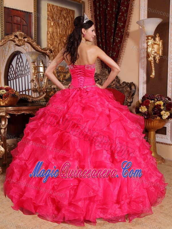 Coral Red Sweetheart Beaded Ruffled Organza Quince Dresses in Newry