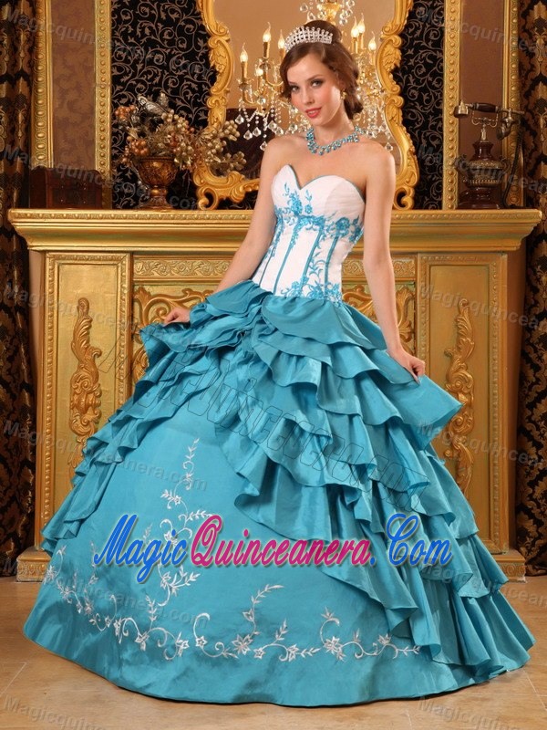 Turquoise Ruffled Taffeta Embroidery Quinceanera Gown in Ballycastle