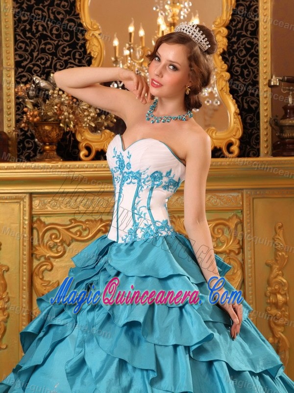 Turquoise Ruffled Taffeta Embroidery Quinceanera Gown in Ballycastle