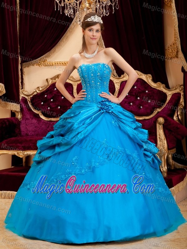 Teal Blue Taffeta Pick Ups and Appliques Quince Dresses in Belfast