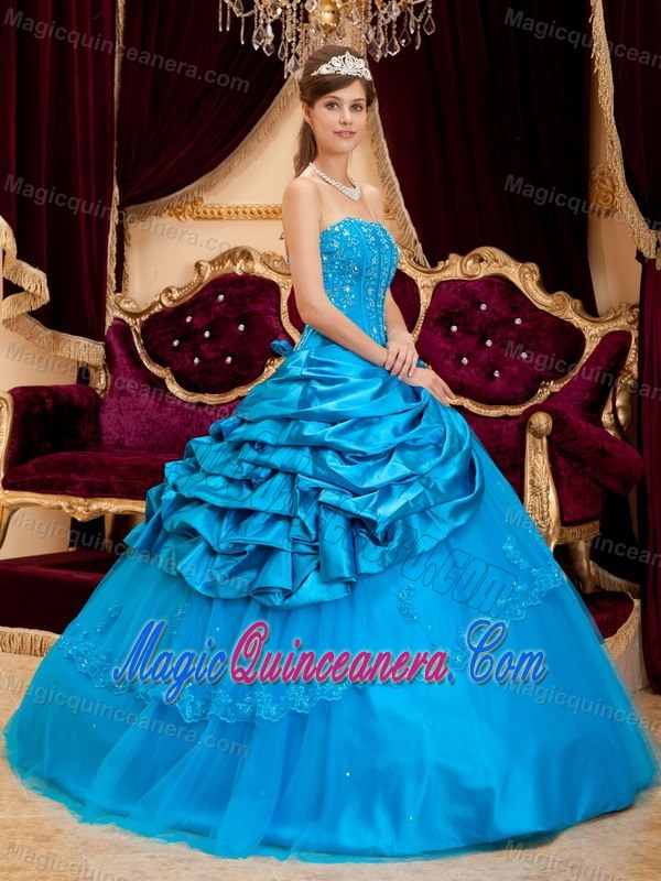 Teal Blue Taffeta Pick Ups and Appliques Quince Dresses in Belfast