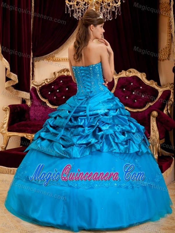 Teal Blue Taffeta Pick Ups and Appliques Quince Dresses in Belfast