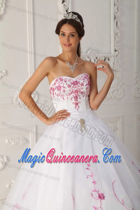 White Satin and Organza Embroidery Quinceanera Dress in Antrim