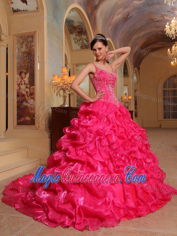 Red Spaghetti Straps Organza Embroidery Quinceanera Dress in Aachen