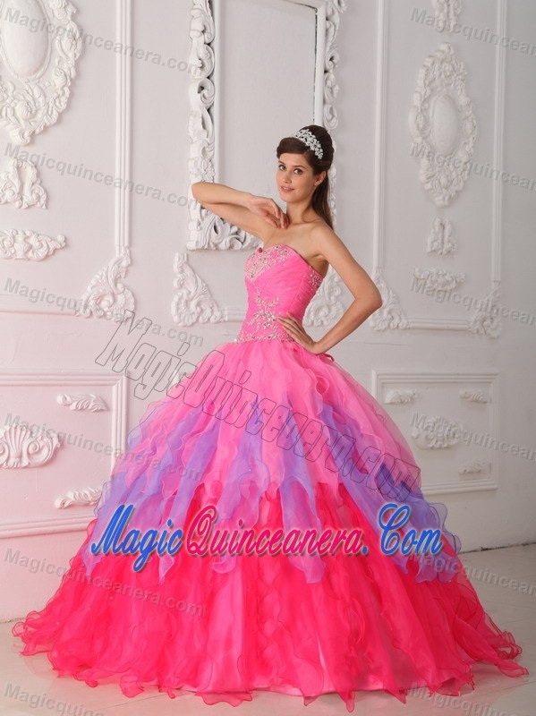 Pink Strapless Beaded Organza Ruffles Quinceaneras Dress in Clifton