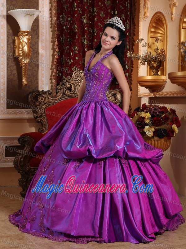 Purple Halter Taffeta Appliques Quinceanera Gown in Newtownabbey