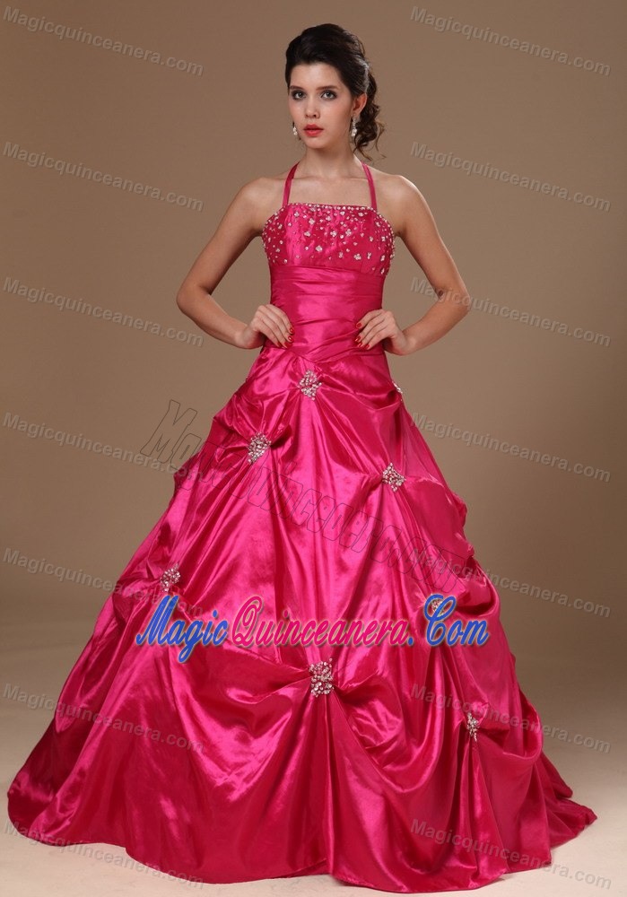 Hot Pink Halter Taffeta Pick Ups Sweet 16 Dresses in Belfast