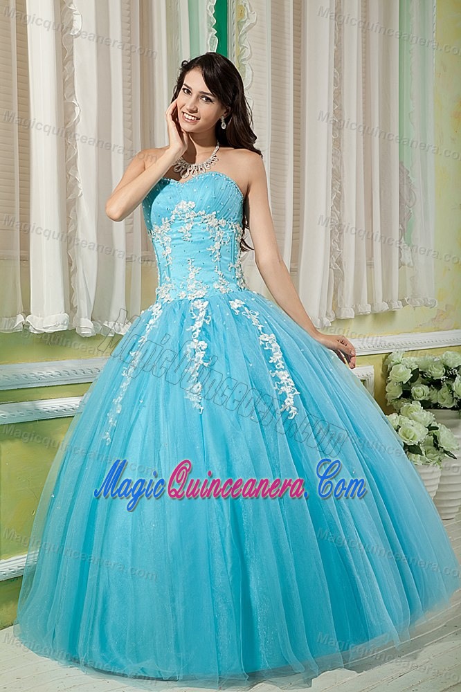 Aqua Blue Tulle Quinceanera Dresses with Appliques in Clifton