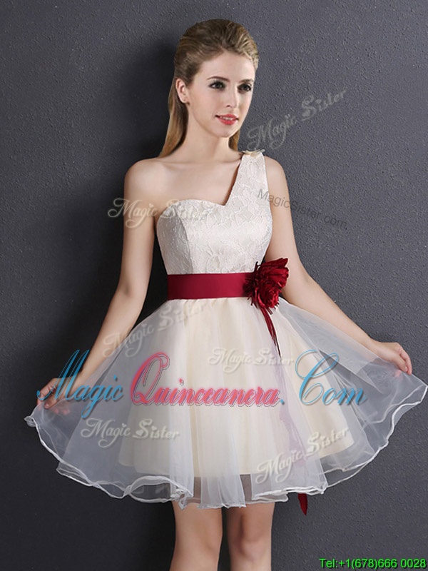 triumph Sophisticated A-line Quinceanera Court Dresses Champagne One Shoulder Organza Sleeveless Mini Length Lace Up