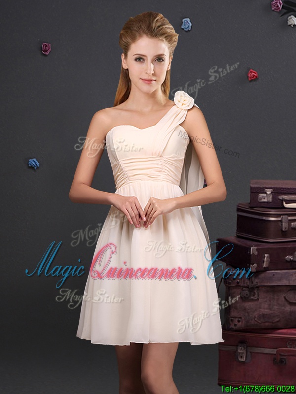 triumph One Shoulder Champagne Sleeveless Chiffon Zipper Court Dresses for Sweet 16 for Prom and Party and Wedding Party
