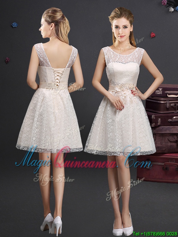 triumph Pretty Scoop Champagne Sleeveless Knee Length Lace and Appliques Lace Up Dama Dress for Quinceanera