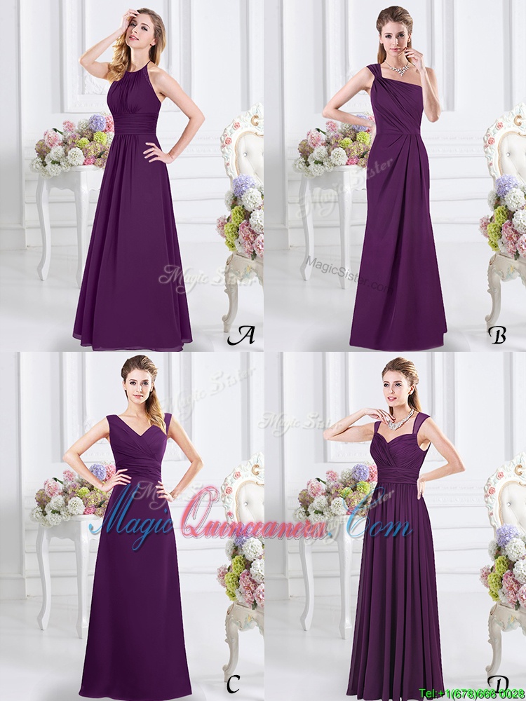 triumph Luxury Halter Top Purple Sleeveless Chiffon Lace Up Dama Dress for Prom and Party and Wedding Party