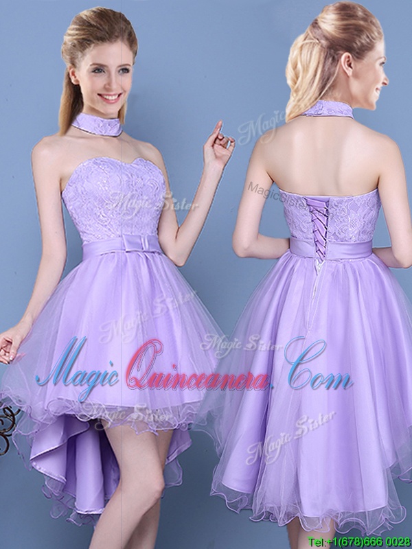 triumph Lavender Sleeveless High Low Lace and Bowknot Lace Up Quinceanera Court of Honor Dress