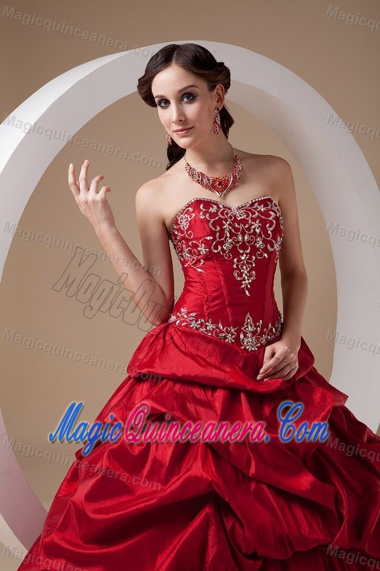 Design Taffeta Red Pick Ups Appliqued Dress for Sweet 15