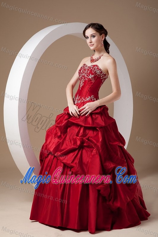 Design Taffeta Red Pick Ups Appliqued Dress for Sweet 15