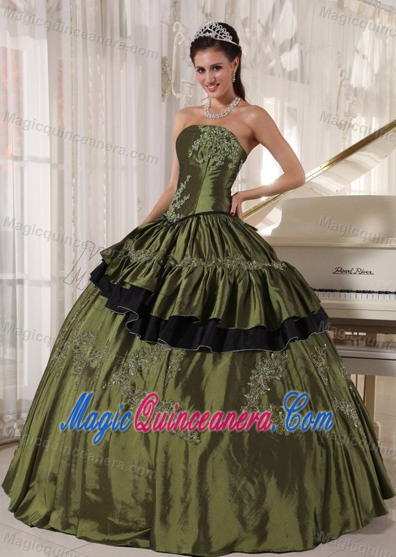 inexpensive Olive Green Ruffled Appliqued Quinceanera Dresses