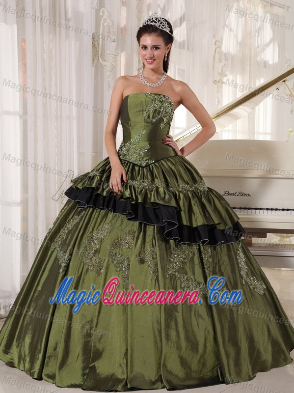 inexpensive Olive Green Ruffled Appliqued Quinceanera Dresses