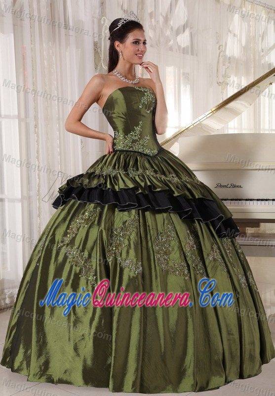 inexpensive Olive Green Ruffled Appliqued Quinceanera Dresses