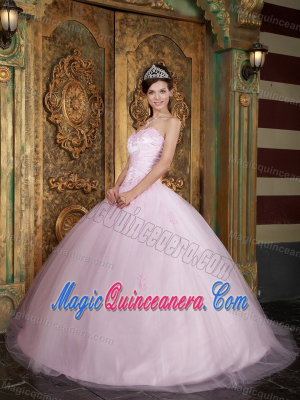 Trendy Tulle Sweetheart Quinceanera Party Dress Appliques Baby Pink