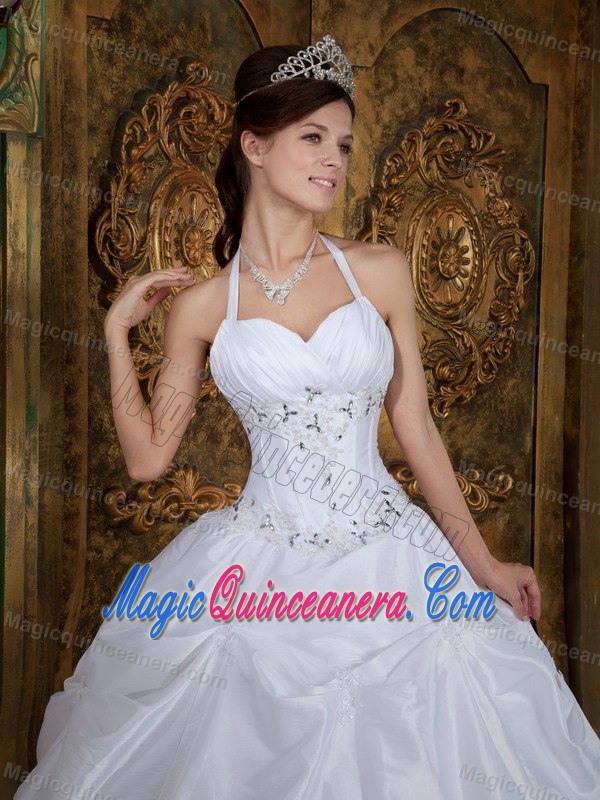 Angel White Halter Top Pick-ups Quinceanera Dress Beading Appliques