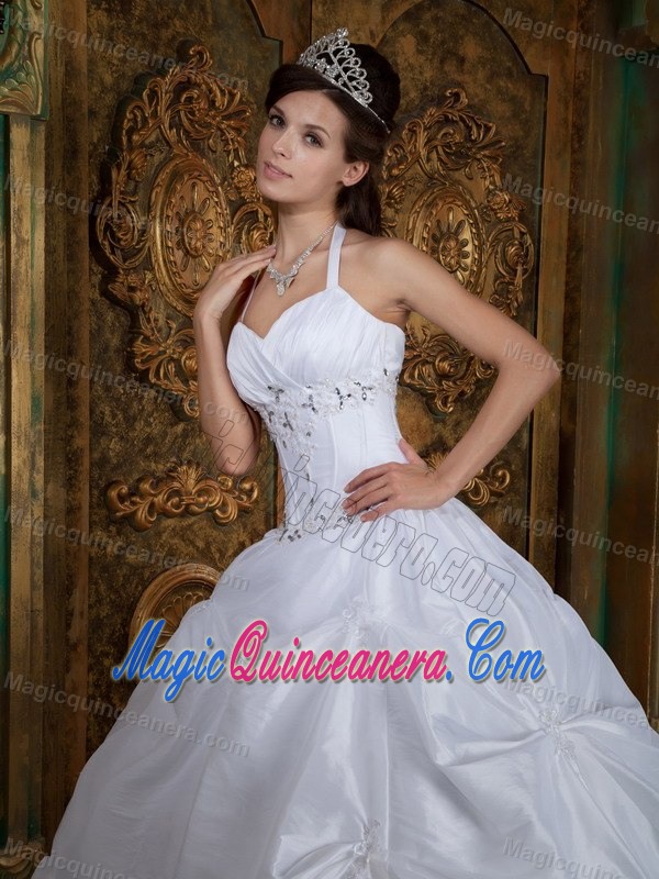 Angel White Halter Top Pick-ups Quinceanera Dress Beading Appliques