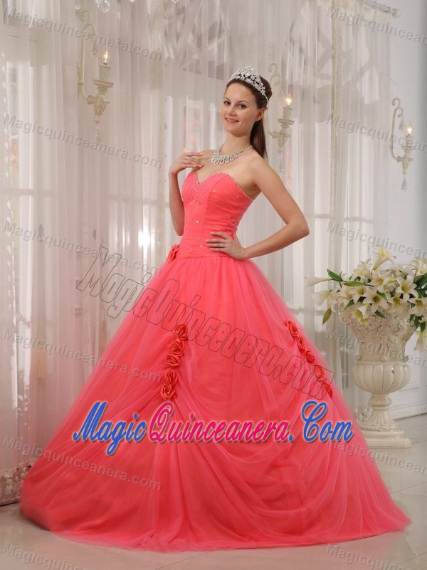 Best Sweetheart Beading Dresses for a Quinceanera Tulle in Watermelon