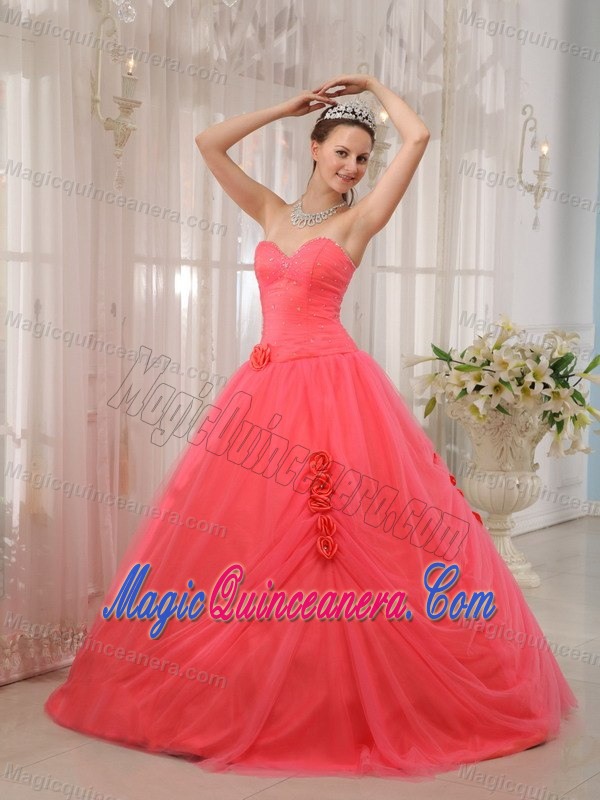 Best Sweetheart Beading Dresses for a Quinceanera Tulle in Watermelon