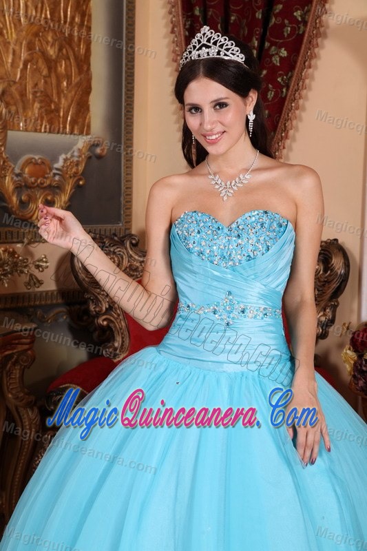 Baby Blue Tulle Beaded Sweet 15 Dresses with Appliques in Illinois 2014