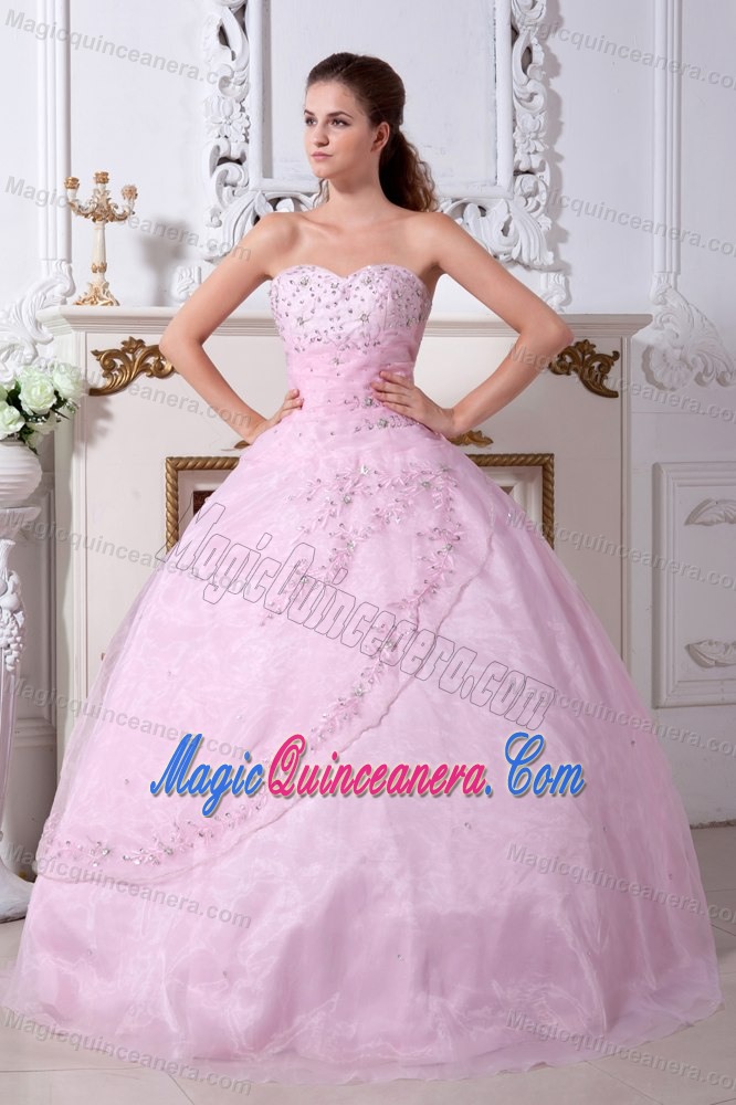 New Beaded Appliques Organza Quinceanera Gown Strapless Rose Pink