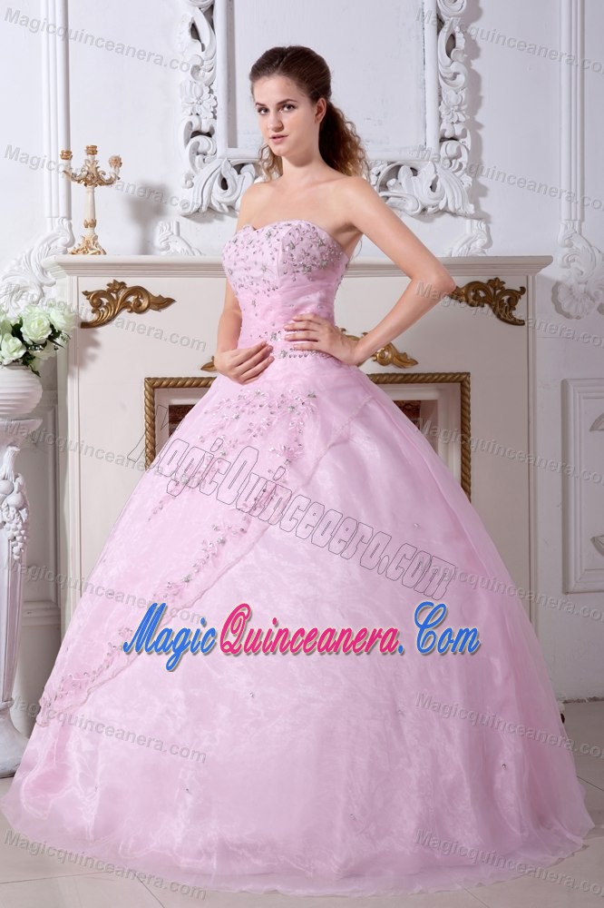 New Beaded Appliques Organza Quinceanera Gown Strapless Rose Pink