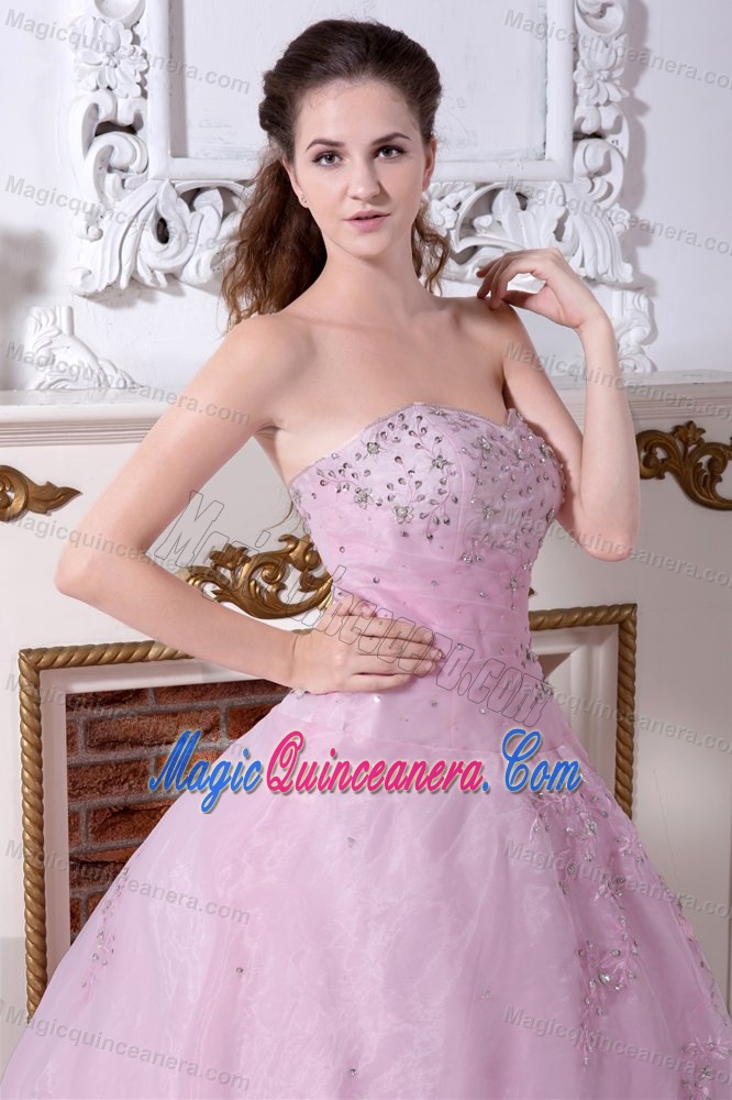 New Beaded Appliques Organza Quinceanera Gown Strapless Rose Pink