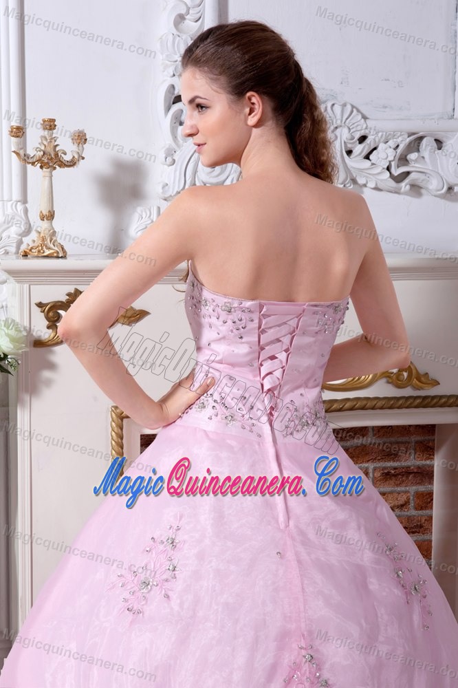 New Beaded Appliques Organza Quinceanera Gown Strapless Rose Pink