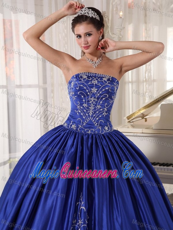 Dazzling Blue Strapless Satin Dress for a Quinceanera with Embroidery