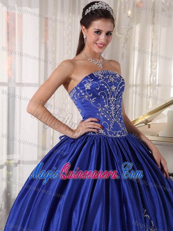Dazzling Blue Strapless Satin Dress for a Quinceanera with Embroidery
