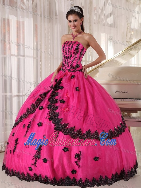 Attractive Hot Pink Strapless Appliques Quinceanera Gowns Lace Hem