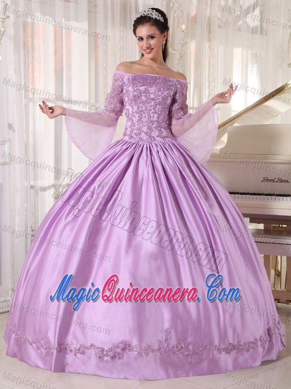Pretty Lavender Taffeta Quinceanera Gown Long Sleeves with Appliques